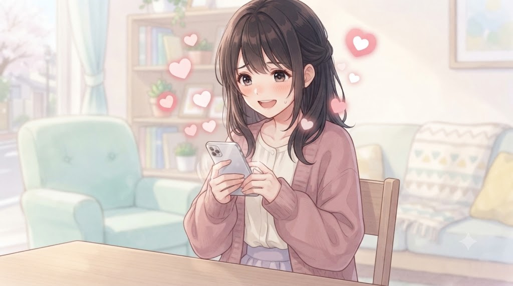 スマートフォン画面を見つめながら、嬉しそうにメッセージを打ち込み、ハートのスタンプを連投する