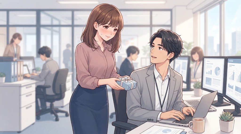 他の同僚には見せない、甘えたような表情で、特定の男性にだけ特別に差し入れを渡す