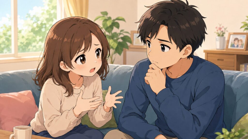 夫に真剣な表情で相談を持ちかける