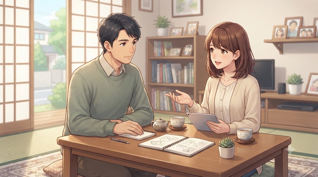 夫婦で落ち着いて話し合い、お互いに協力し合っている