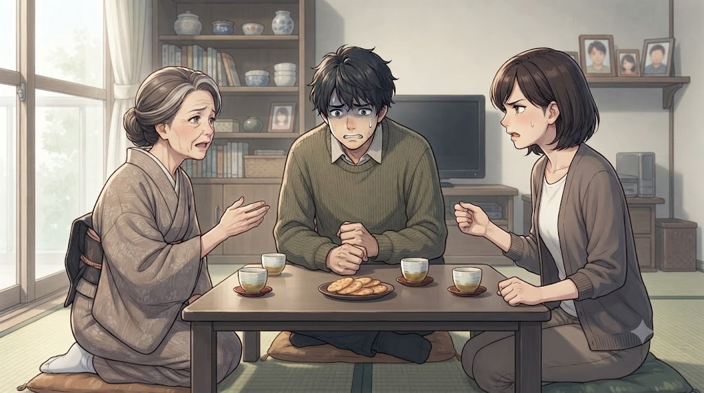 妻と母親の間で板挟みになり、頭を抱えて悩んでいる