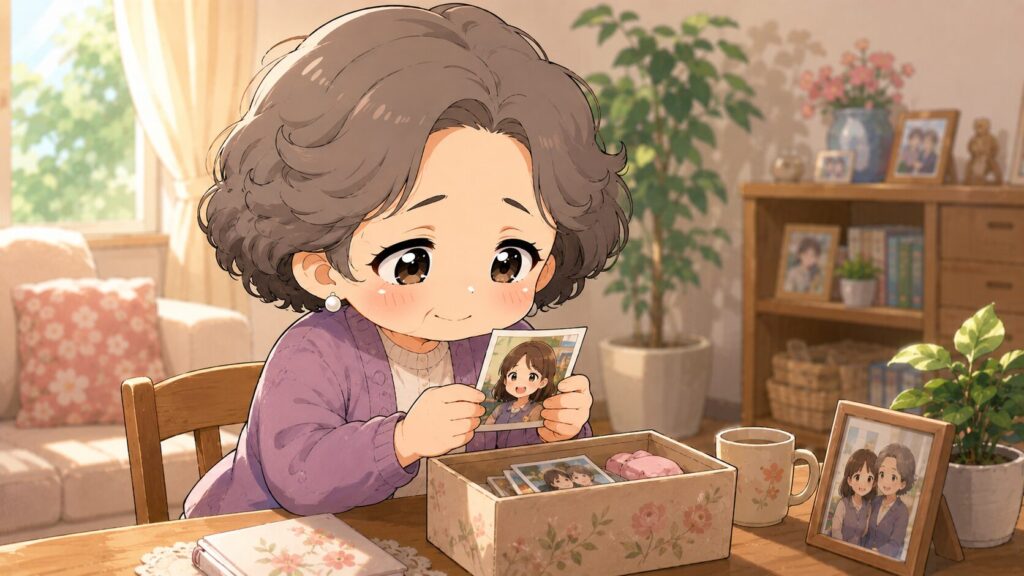 思い出の品を見つめる高齢の女性