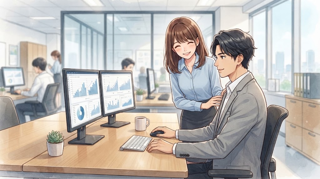 職場のデスクで男性の同僚に急接近し、親しげにボディタッチをしながら笑顔で話しかける