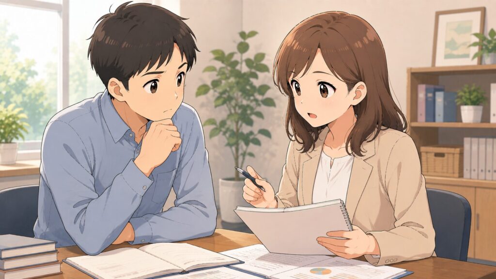 資料を手にして真剣に相談する