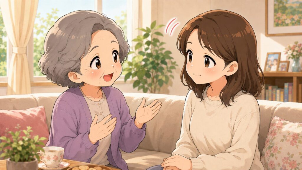 高齢の母の話を優しくうなずきながら聞く女性